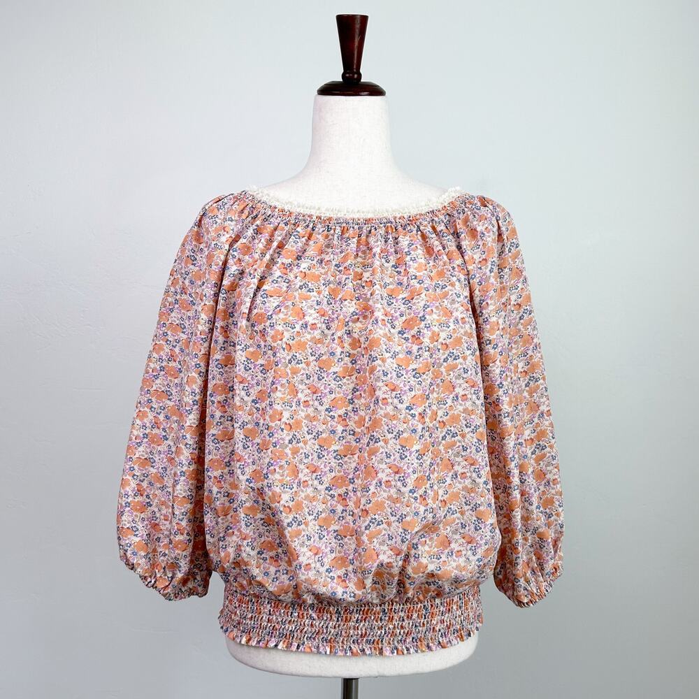 Moda International 100% Silk Wildflower Floral Lace Smocked Peasant Top SMALL